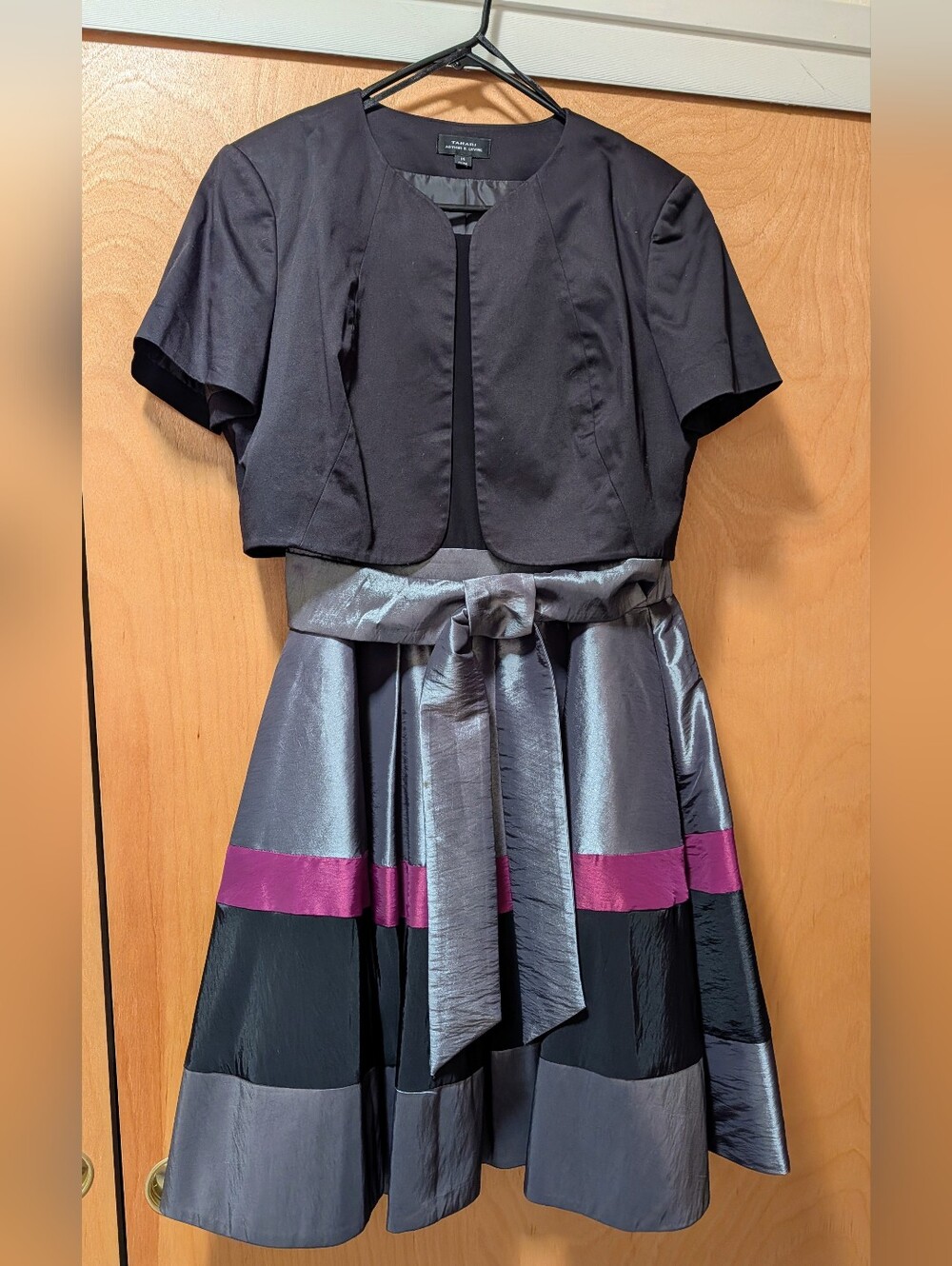 Tahari ASL Black, Gunmetal & Pink Fit-and-Flare Dress with Bolero